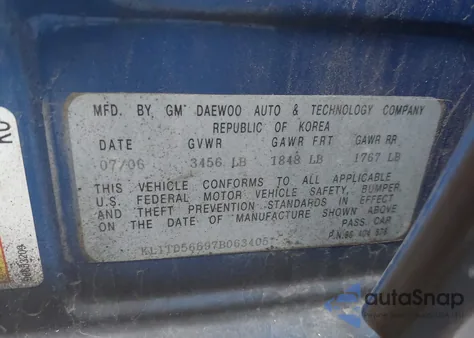 2007 Chevrolet Aveo Ls из США, поврежденный, VIN KL1TD56697B063405